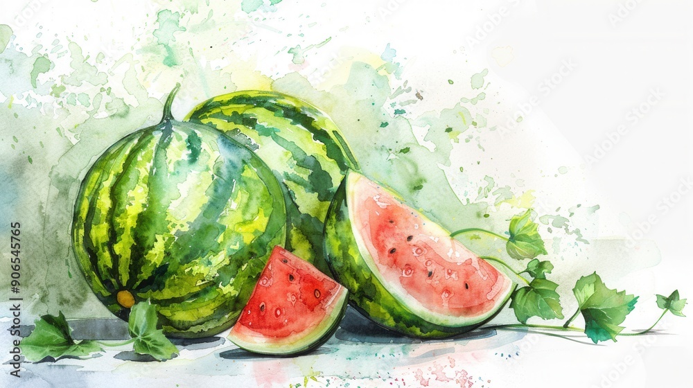 Watercolor painting of fresh sweet ripe watermelon slices plant Watercolor painting of fresh sweet ripe watermelon slices plant