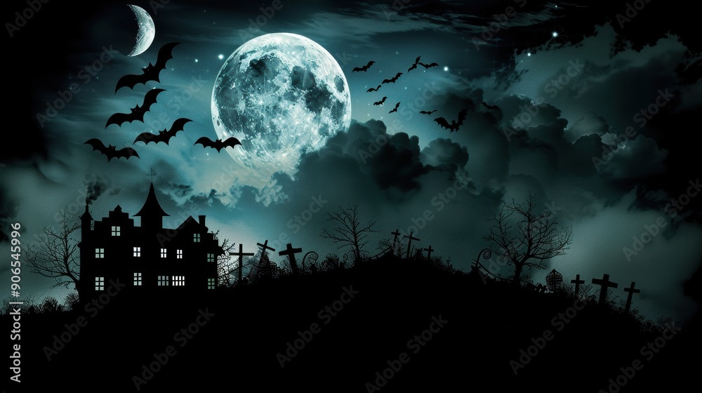 Fototapeta premium A spooky Halloween background featuring dark, eerie elements like a full moon, haunted house silhouettes, and flying bats against a black sky, creating a thrilling and mysterious atmosphere, perfect