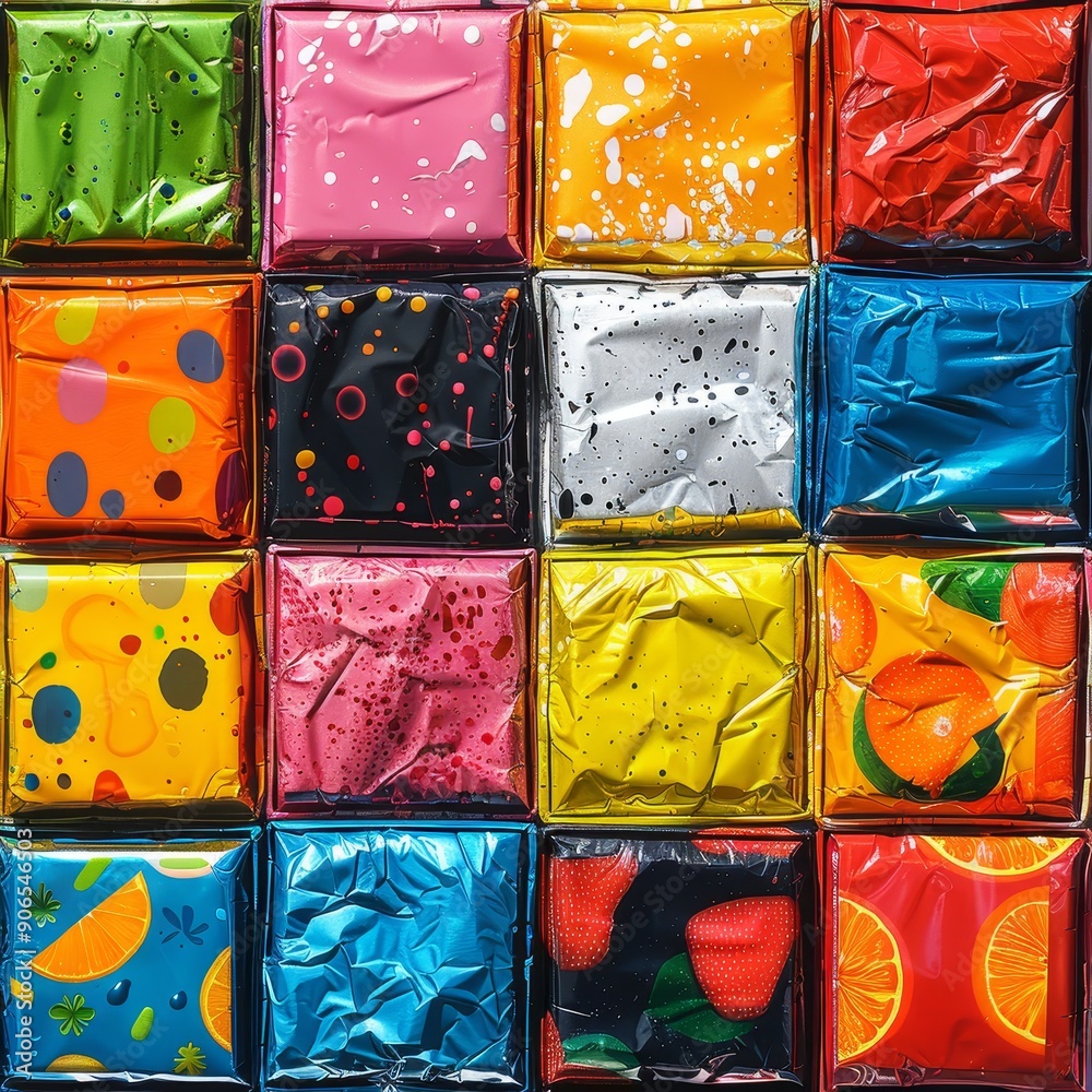 Colorful wrapped candies in various patterns, arranged in a grid. Colorful wrapped candies in various patterns, arranged in a grid.