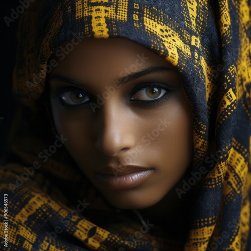 Delighted woman in hijab. Portrait of Muslim lady looking aside with a radiant smile.