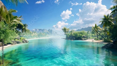 A serene tropical lagoon with crystal-clear turquoise water and lush green palm trees, under a clear blue sky.