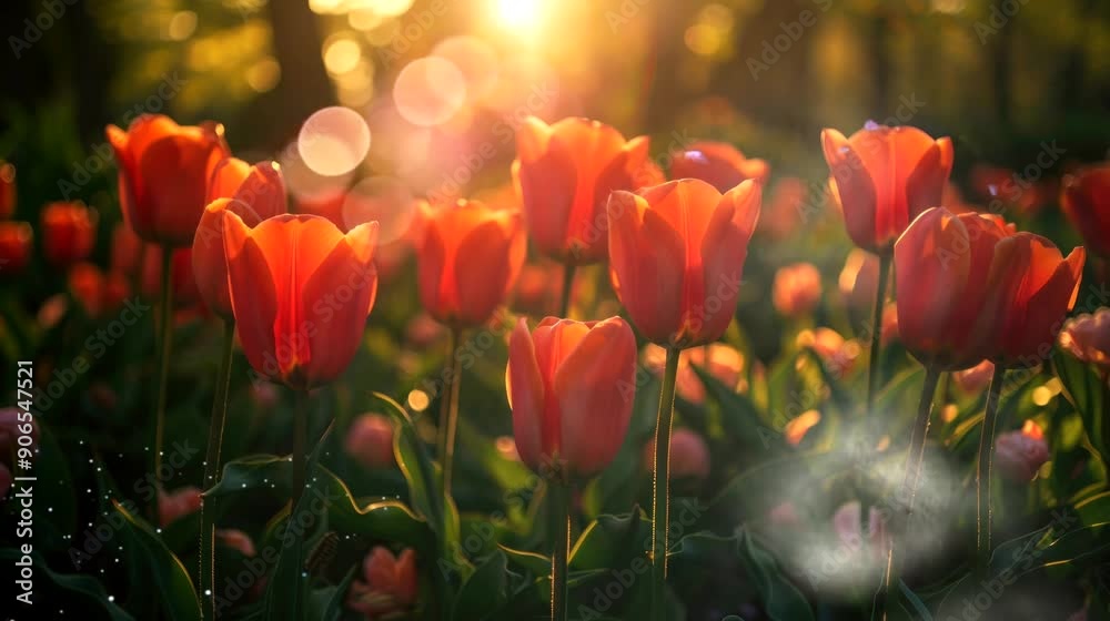 Orange tulips bathed in warm sunset light with a blurred background. Orange tulips bathed in warm sunset light with a blurred background.