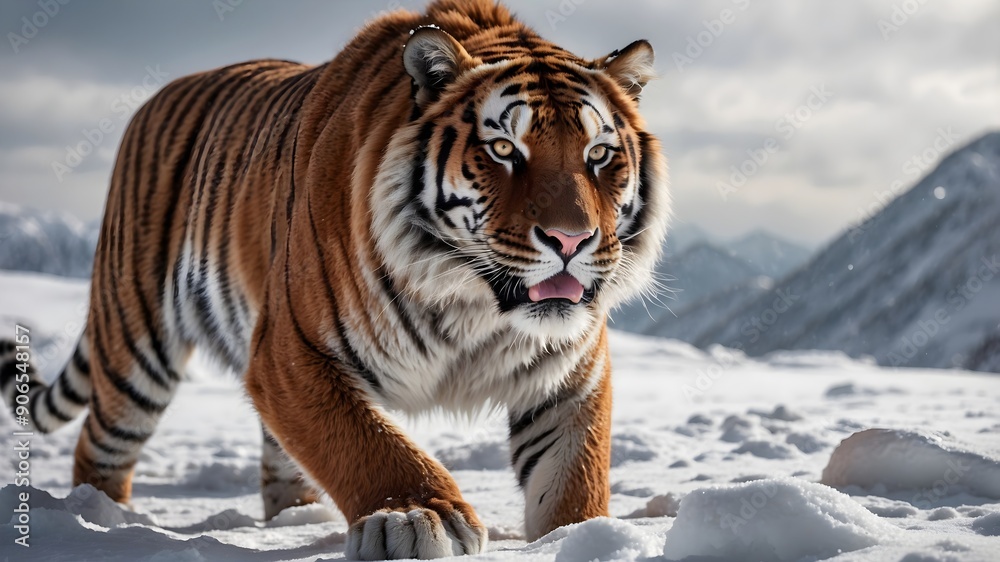 Obraz premium Fierce Siberian tiger crouched. Snowy landscape, Endangered animals, Animals and nature themed wallpaper.