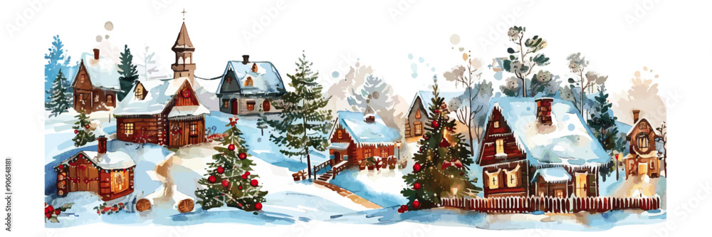 Watercolor painting capturing the serene beauty of a small winter village adorned with festive decorations, snow-covered roofs, and evergreen trees. Quaint Winter Village Scene with Snow-Covered Cott
Watercolor painting capturing the serene beauty of a small winter village adorned with festive decorations, snow-covered roofs, and evergreen trees. Quaint Winter Village Scene with Snow-Covered Cott