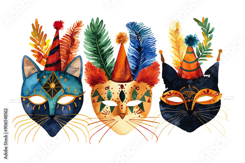 A series of beautifully crafted watercolor cat masks adorned with tribal designs and colorful feathers, presenting a unique and artistic celebration of feline forms. Festive Tribal Cat Masks in Water
