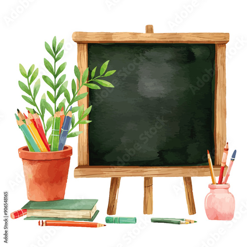 A cozy art scene featuring a wooden easel with a blackboard, surrounded by a potted plant and various drawing tools. Art Supplies and Blackboard on Wooden Easel

