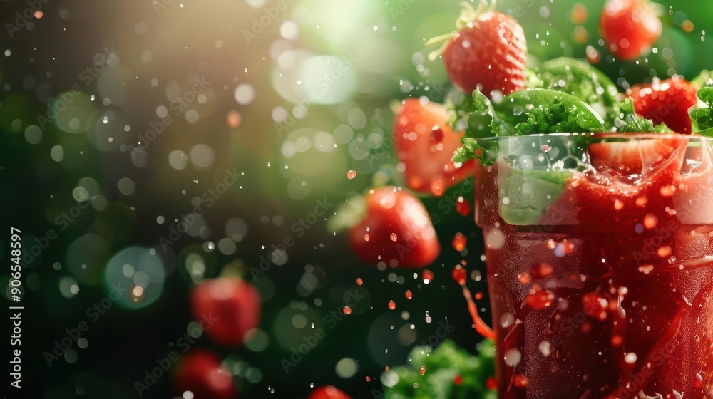 A dramatic scene of a smoothie with splashes of blended fruits and greens with sunlight filtering through A dramatic scene of a smoothie with splashes of blended fruits and greens with sunlight filtering through