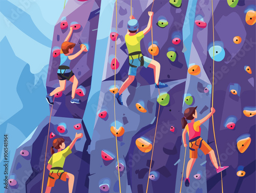 Three climbers scaling indoor climbing wall, practicing rock climbing. Diverse group engaged sport, equipped helmets, harnesses, ropes. Athletic individuals performing extreme sports, colorful holds