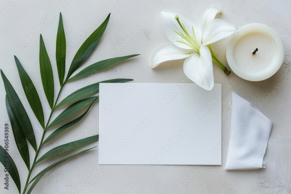 A flat lay of a condolence setup with a blank sympathy card A flat lay of a condolence setup with a blank sympathy card