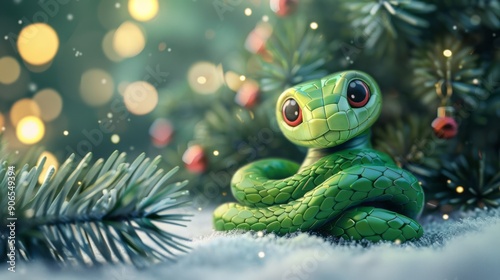 Green little snake is sitting by the Christmas tree, in the style of iconic pop culture caricatures, cute and dreamy