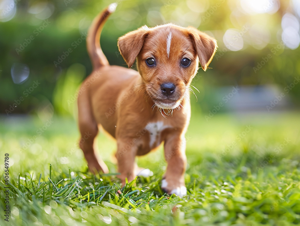 Playful Brown Puppy Exploring Lush Green Grass in a Sunlit Garden During Late Afternoon Playful Brown Puppy Exploring Lush Green Grass in a Sunlit Garden During Late Afternoon