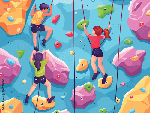 Three young climbers scaling indoor climbing wall, colorful holds, harnesses secure. Women man engaged rock climbing sport, fitness activity, adventure theme illustration. Indoor facility, leisure