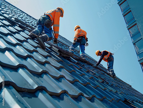 Workers Installing New Metal Roof Tiles Under Bright Blue Sky at Construction Site photo