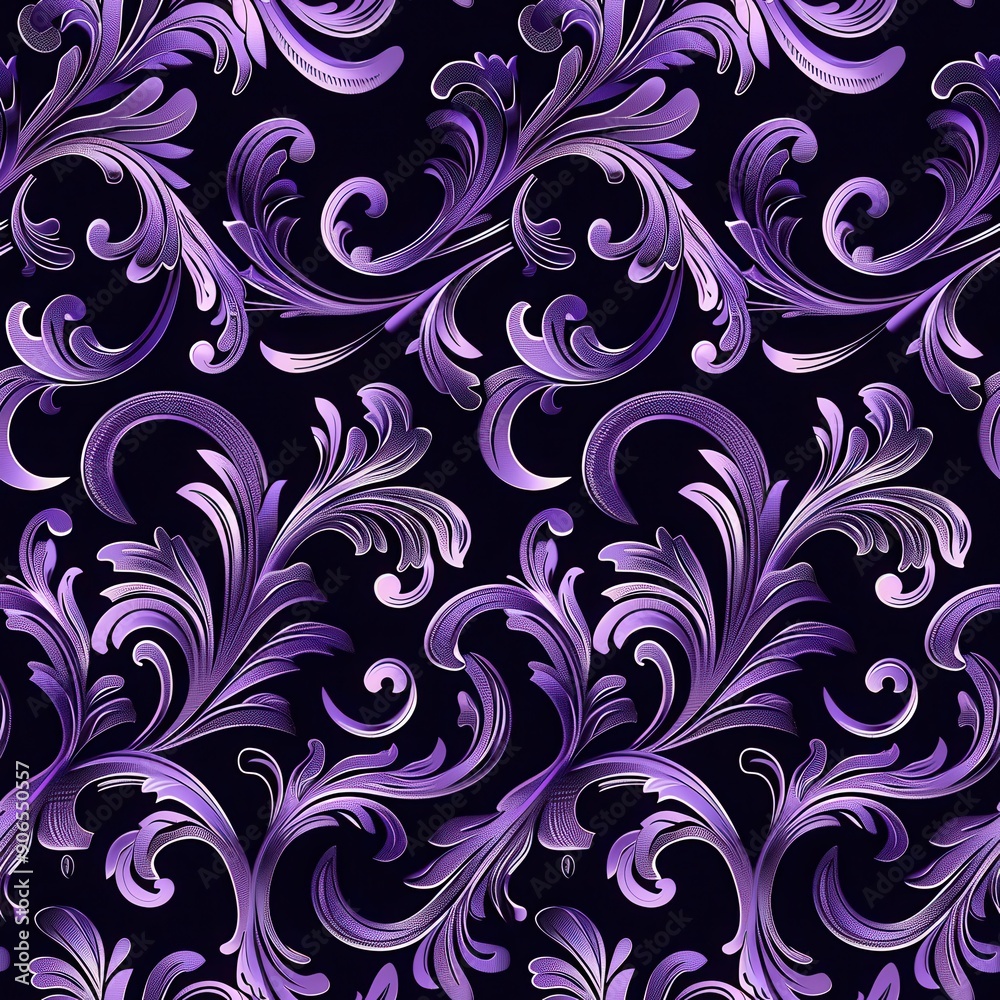 Seamless pattern of baroque scrollwork on dark purple background Seamless pattern of baroque scrollwork on dark purple background