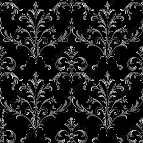 Seamless pattern of baroque scrollwork on black background