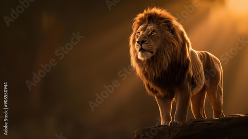 A majestic lion with a glowing mane and sunlight filtering through photo