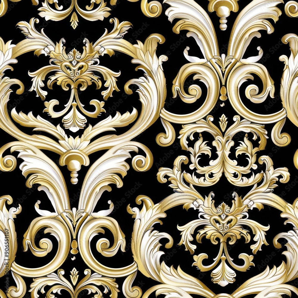 Seamless pattern of baroque scrollwork on black background Seamless pattern of baroque scrollwork on black background