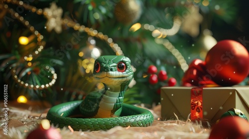 Green little snake is sitting by the Christmas tree, in the style of iconic pop culture caricatures, cute and dreamy