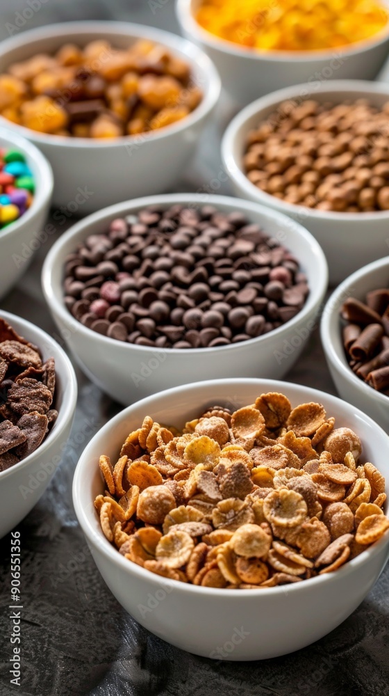 Image shows 8 bowls with various cereals in a grid pattern on a dark wooden surface. Includes chocolate, maroon, orange, corn flakes, green, beige, and colorful cereals in different sizes. Image shows 8 bowls with various cereals in a grid pattern on a dark wooden surface. Includes chocolate, maroon, orange, corn flakes, green, beige, and colorful cereals in different sizes.