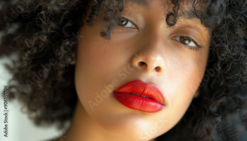 Close Up Portrait of a Woman With Red Lipstick and Curly Hair