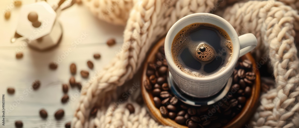 A top view of a coffee setup with a freshly brewed cup A top view of a coffee setup with a freshly brewed cup
