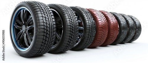 A row of 7 tires on a white background, each with a unique color and design. Blue rim on the left wheel, burgundy and gold rim on the second wheel. The rest of the wheels are black   photo