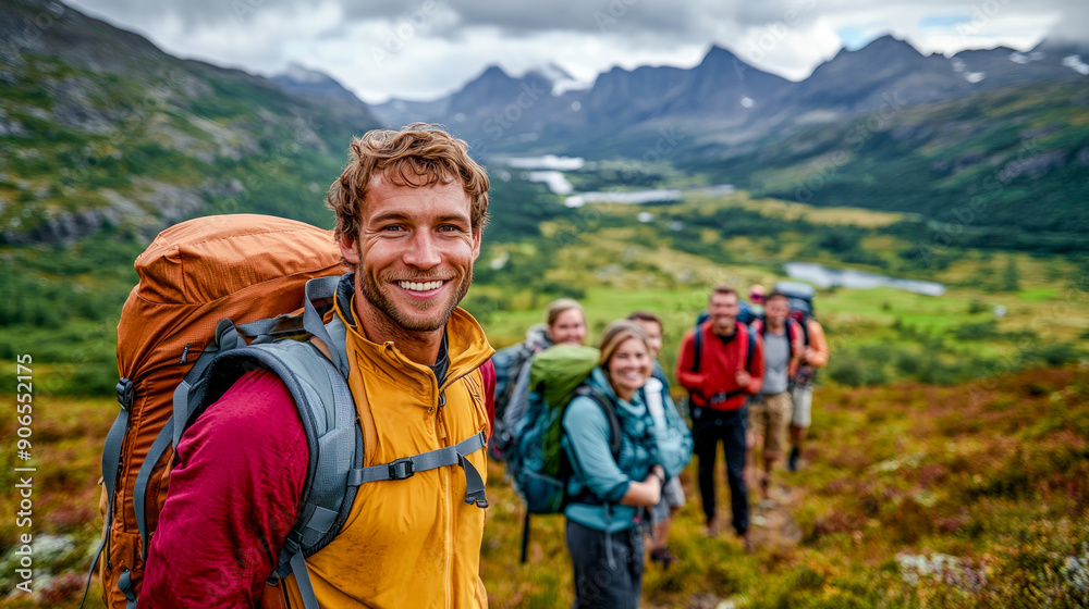 Naklejka premium Joyful Hiking Adventure Group of Happy Hikers Enjoying Nature Smiling and Exploring the Great Outdoors in a Beautiful Mountain Landscape Brainstorming Digital Art