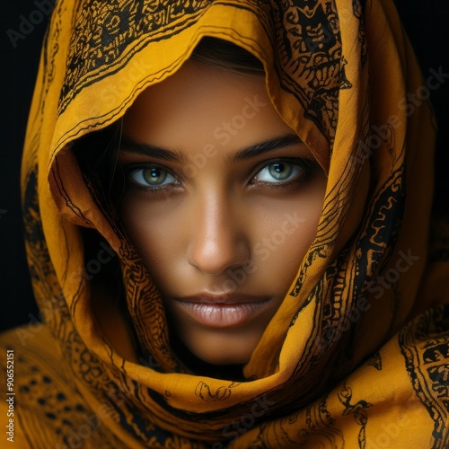 Delighted woman in hijab. Portrait of Muslim lady looking aside with a radiant smile.