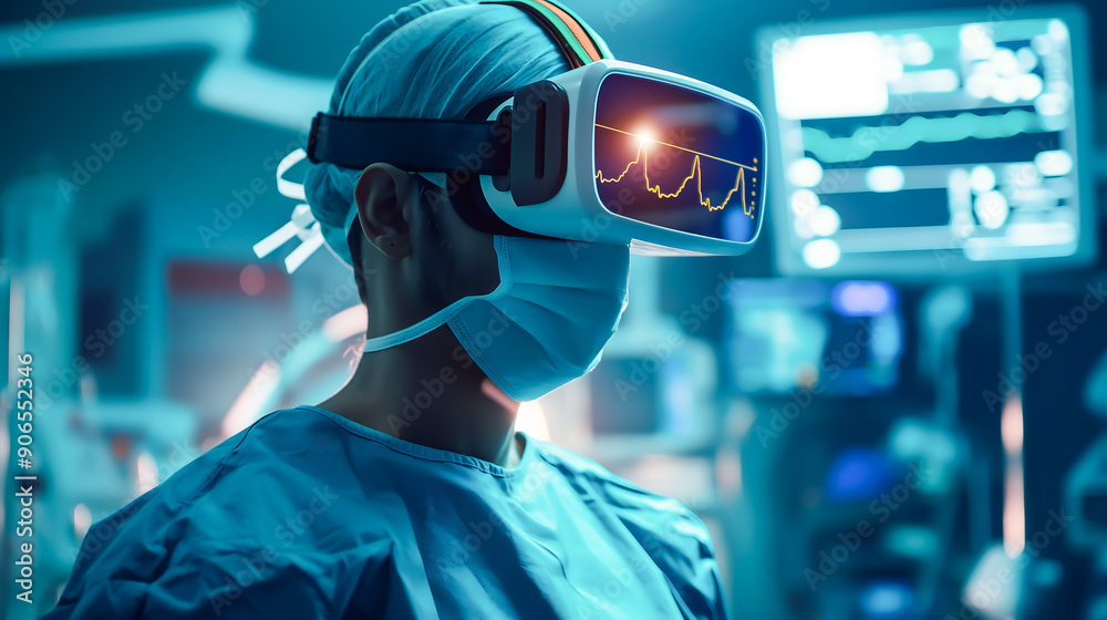 A male doctor wearing a VR headset with a heart rate monitor with holograms, Doctors are surgery to patient at operating room. Using virtual reality glasses A male doctor wearing a VR headset with a heart rate monitor with holograms, Doctors are surgery to patient at operating room. Using virtual reality glasses