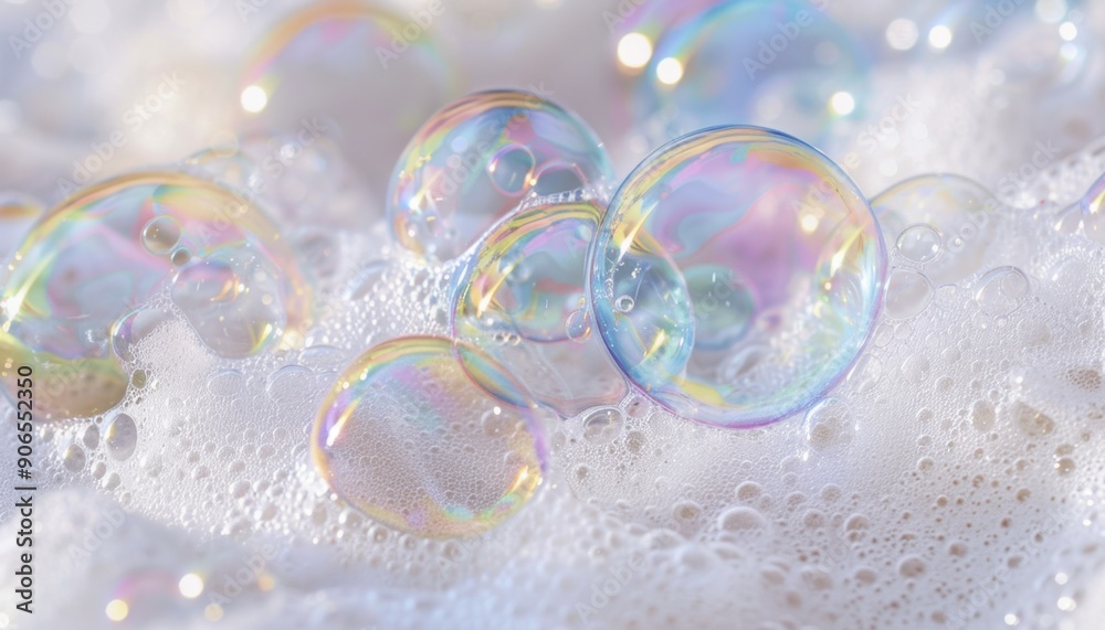 Close-Up of Iridescent Soap Bubbles in Foamy Water Close-Up of Iridescent Soap Bubbles in Foamy Water
