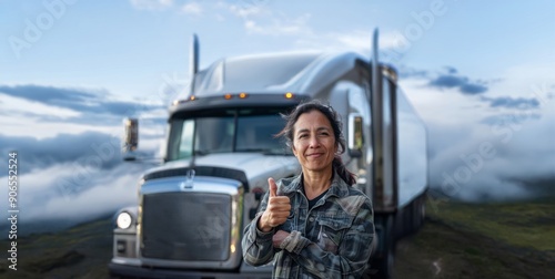 Portrait of a Young Woman Truck Driver with Trucks in the Background.Generated image photo