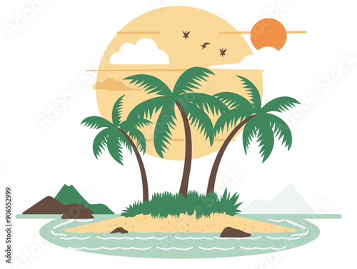 Tropical island illustration featuring palm trees, sunset, birds flying. Serene beach scene ocean, sand, mountains backdrop. Flat graphic design peaceful vacation destination