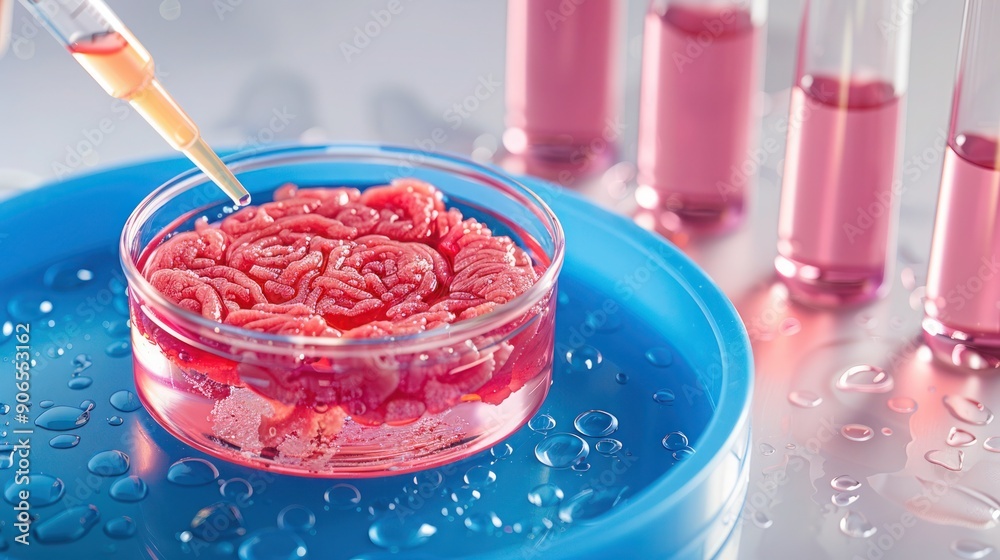 Petri dish with cultured meat in laboratory, meat in petri dishes in the laboratory. Lab grown meat close up Petri dish with cultured meat in laboratory, meat in petri dishes in the laboratory. Lab grown meat close up