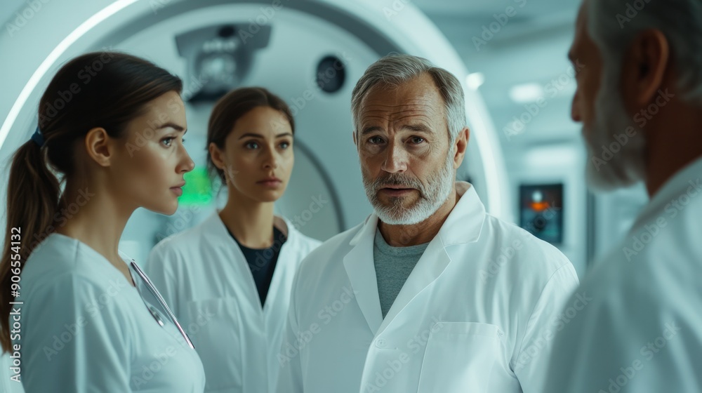 A team of doctors, including a surgeon and neurologist, reviewing brain MRI results and discussing a complex medical case in a modern clinic. A team of doctors, including a surgeon and neurologist, reviewing brain MRI results and discussing a complex medical case in a modern clinic.
