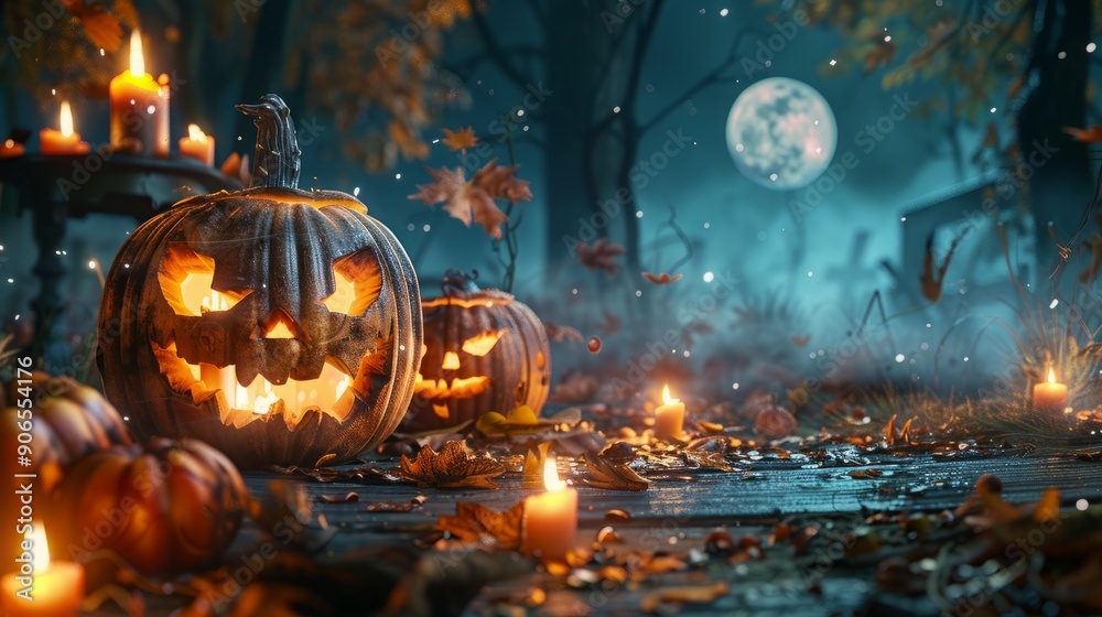 Naklejka premium Illuminated jack-o'-lanterns cast an eerie glow on a spooky Halloween night.