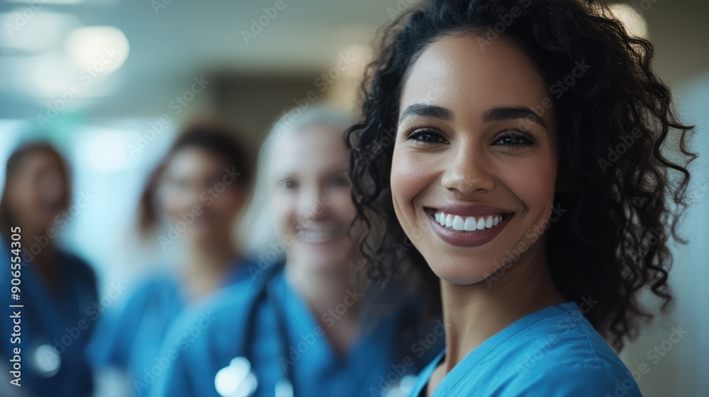 Fototapeta premium A supportive team of healthcare professionals, including doctors and nurses, smiling and showcasing leadership in a modern hospital setting