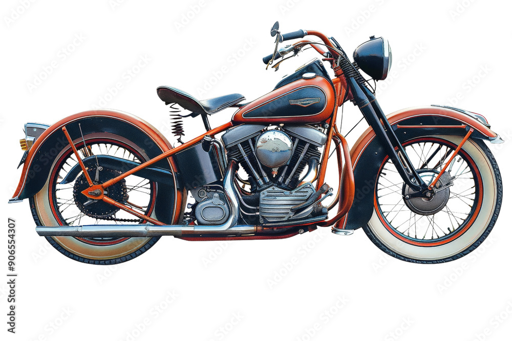 Obraz premium A vintage motorcycle isolated on a white background, highlighting its retro style and intricate details.