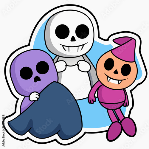 A sticker of a skeleton mom and kids having a pillow fight with ghostly pillows