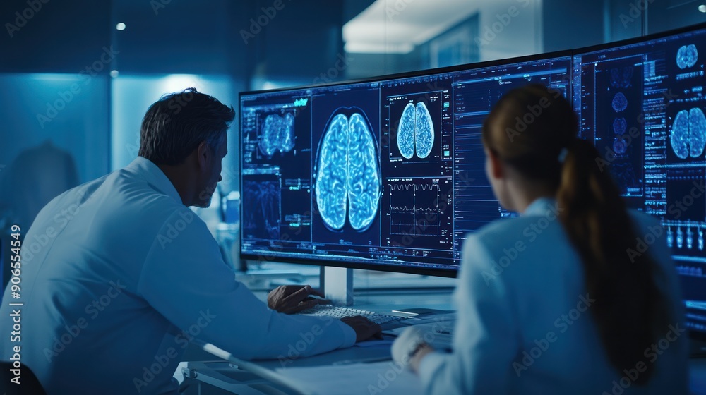 A neurologist and surgeon evaluating brain activity data on a computer screen, planning the next steps for a patient treatment in an advanced medical facility A neurologist and surgeon evaluating brain activity data on a computer screen, planning the next steps for a patient treatment in an advanced medical facility