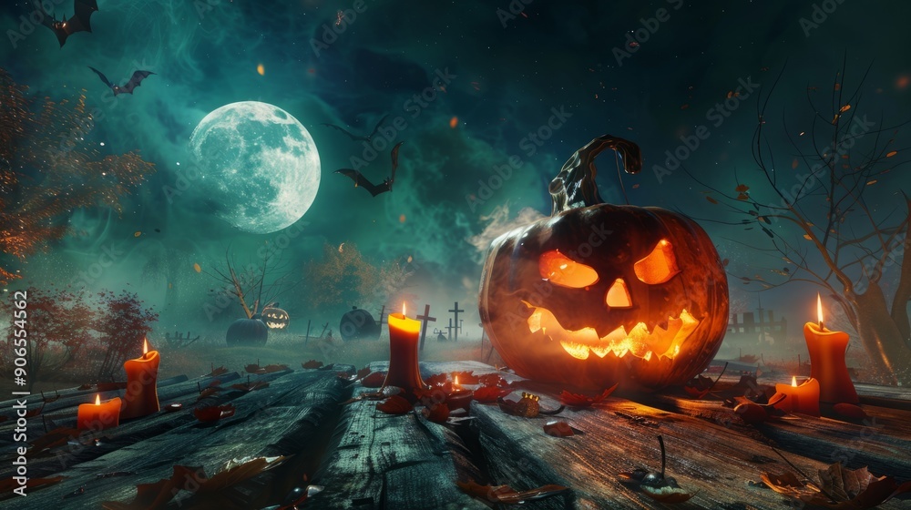 Naklejka premium A menacing jack-o'-lantern sits on a wooden table, glowing amidst flickering candles, against a backdrop of a haunting graveyard under a full moon.