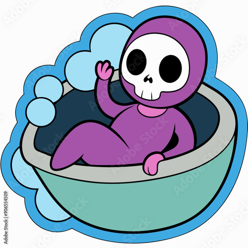 ticker of a skeleton mom relaxing in a bubble bath with skull-shaped bubbles