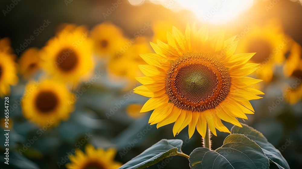 Golden Sunset Over Blooming Sunflower Field Golden Sunset Over Blooming Sunflower Field