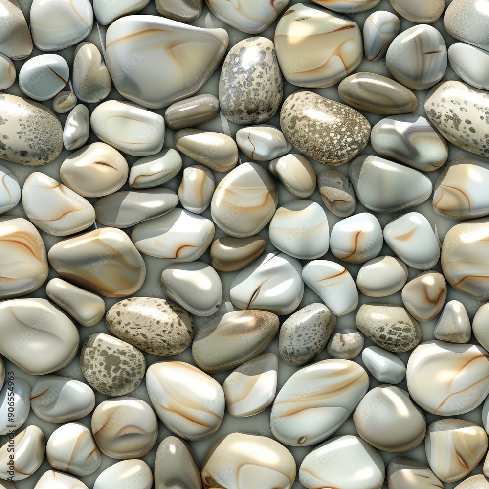Seamless pattern of smooth glossy pebbles arranged in a dense layout Seamless pattern of smooth glossy pebbles arranged in a dense layout