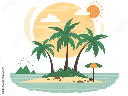 Tropical island illustration featuring palm trees, sun, beach umbrella, sea. Flat graphic style depicts serene holiday destination. Perfect artwork vacationthemed design