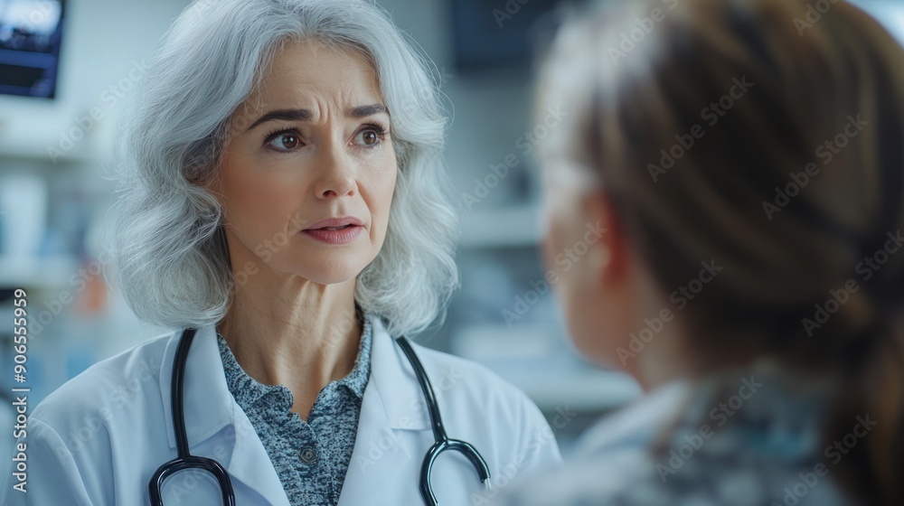 A doctor with a stethoscope, discussing healthcare options with a sick senior woman patient, providing compassionate care in a hospital setting A doctor with a stethoscope, discussing healthcare options with a sick senior woman patient, providing compassionate care in a hospital setting