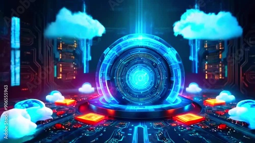 This video shows a futuristic, glowing blue portal surrounded by clouds and circuit boards. photo