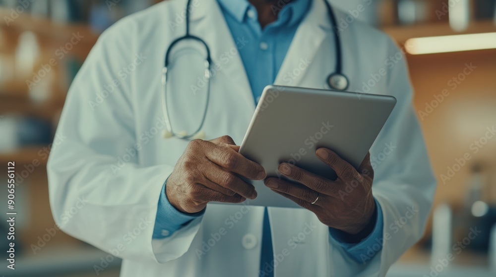A doctor using a tablet to review medical records with a patient, focusing on providing personalized healthcare services in a modern hospital setting A doctor using a tablet to review medical records with a patient, focusing on providing personalized healthcare services in a modern hospital setting