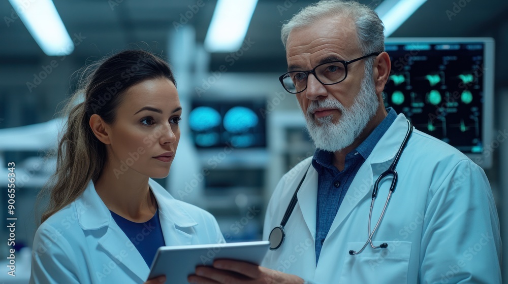 A doctor surgeon and neurologist consulting on brain testing results, using a digital tablet to discuss the patient's condition in a high-tech medical environment A doctor surgeon and neurologist consulting on brain testing results, using a digital tablet to discuss the patient's condition in a high-tech medical environment
