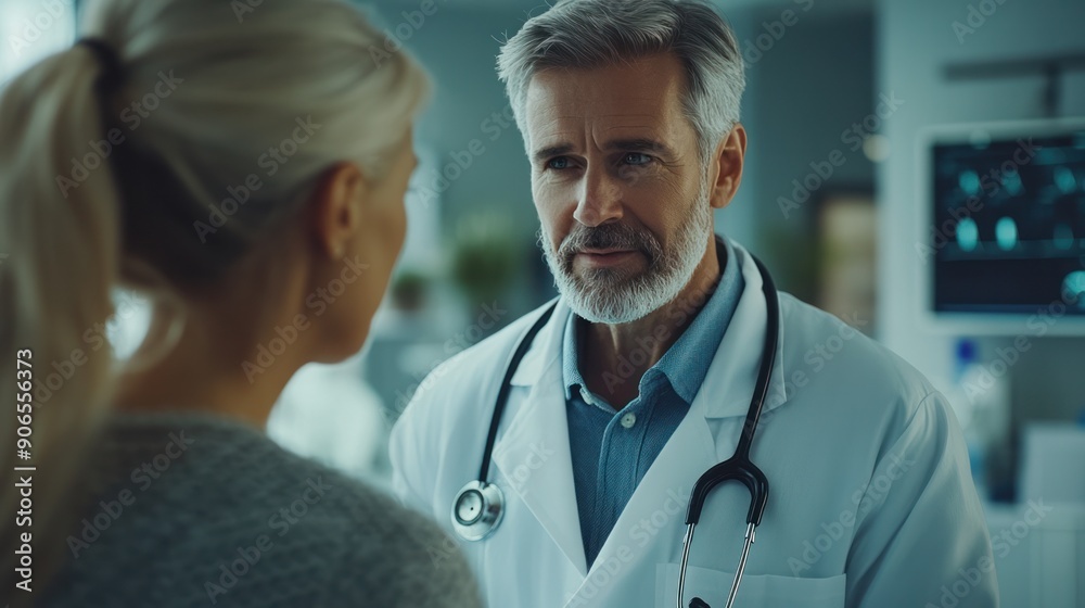 Fototapeta premium A doctor using a stethoscope, attentively listening to a senior woman patient and providing care in a hospital setting