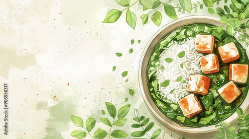 A vibrant bowl of rice topped with tofu and surrounded by fresh greens, showcasing a healthy and delicious meal.
